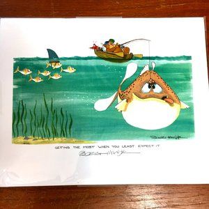 ROBERT MARBLE  Signed Art Print 1991 Fishing Bear  Vtg